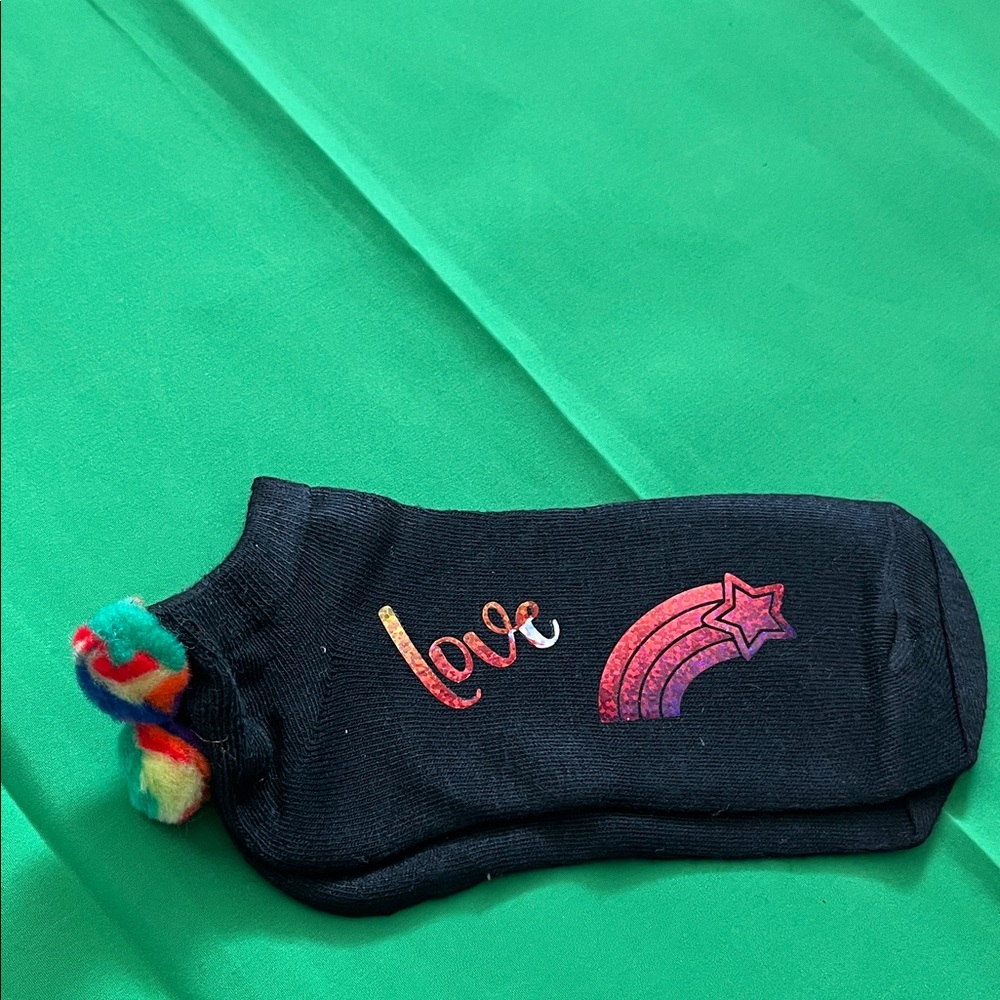 Black Custom Ankle Socks with Rainbow Pom Poms